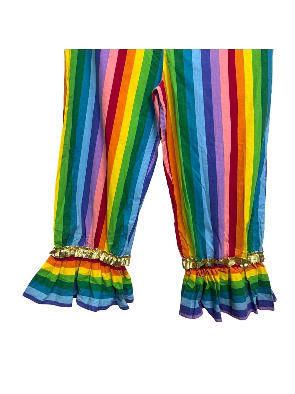 Vintage Handmade Rainbow Striped Ruffle Hem Pants Gold Clowncore Festival XL - Picture 6 of 6
